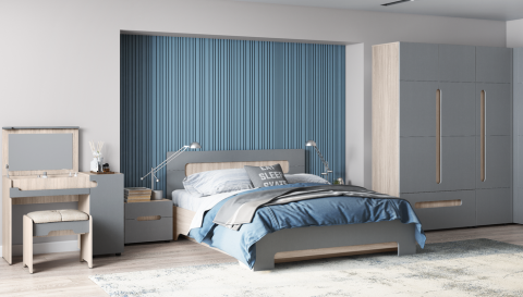 Спальный Гарнитур Палермо №3 Разные Цвета (Шкаф+Кровать+Туалетный Стол+Прикроватные Тумбы+Пуф)